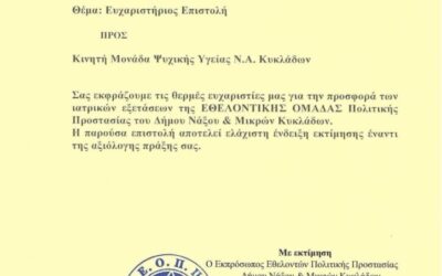 Ευχαριστήρια επιστολή από το Τμήμα Εθελοντών Πολιτικής Προστασίας Δήμου Νάξου και Μικρών Κυκλάδων, για την συνεργασία
